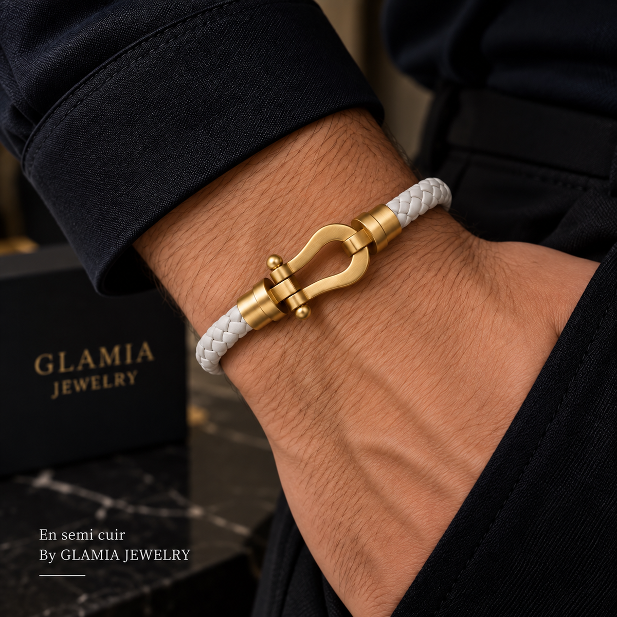 Bracelet frad semi cuir blanche dore