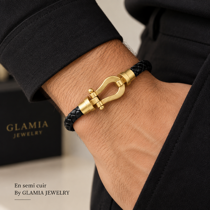 Bracelet frad semi cuir noir dore