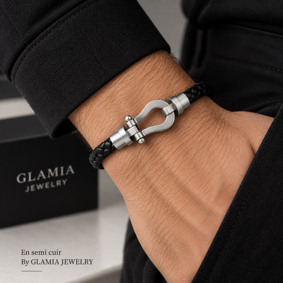 Bracelet frad semi cuir noir argenté